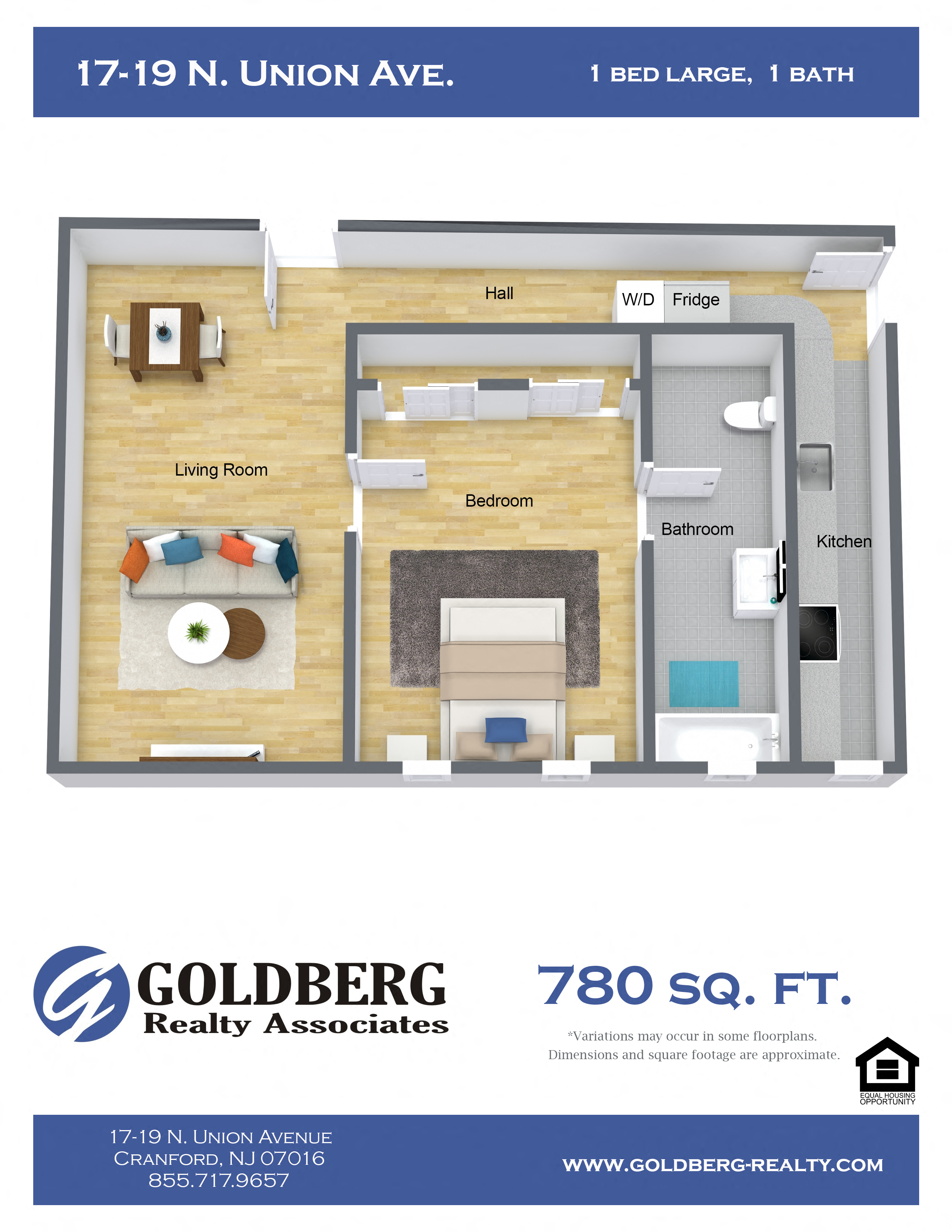 Floor plan for 1 bed, 1 bath, 700 sqft